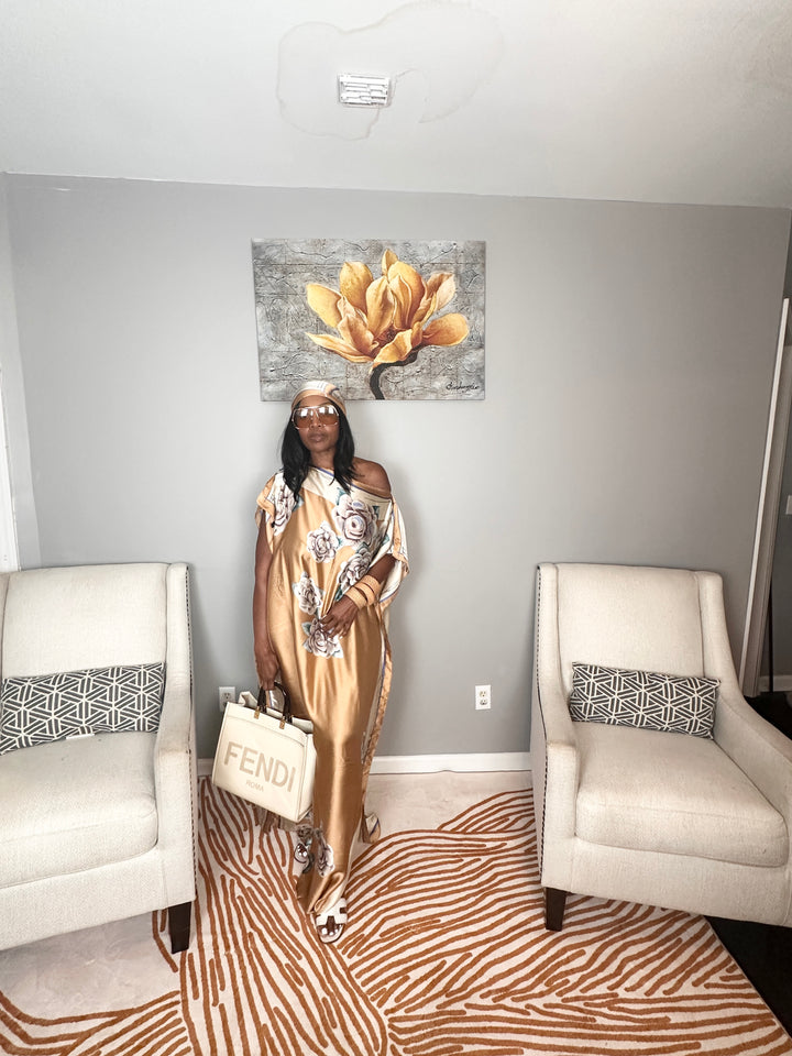 Vacation Vibes Kaftan Maxi Dress with Matching Scarf  -  Beige Cream blue Blend Ships 6/12