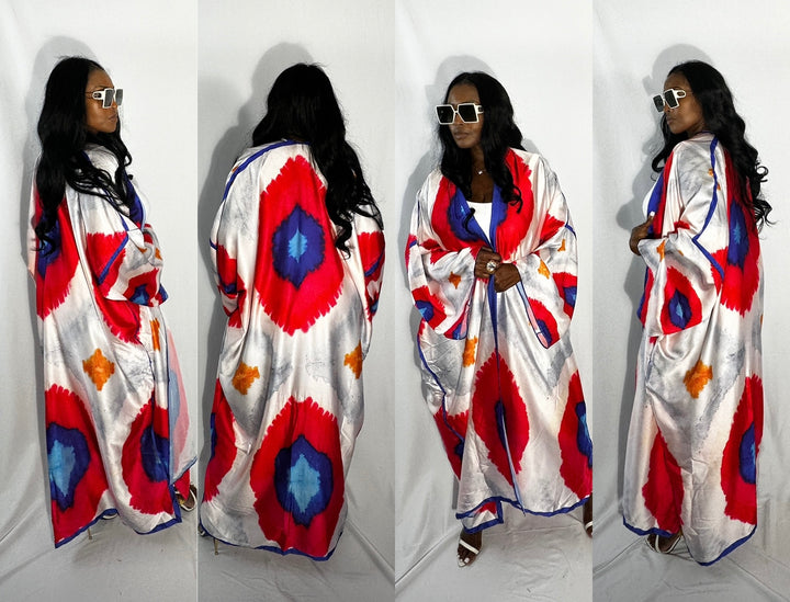 Marrakech Satin Open Front Kimono Long Kimono - Red Blue White Blend Ships 10/28