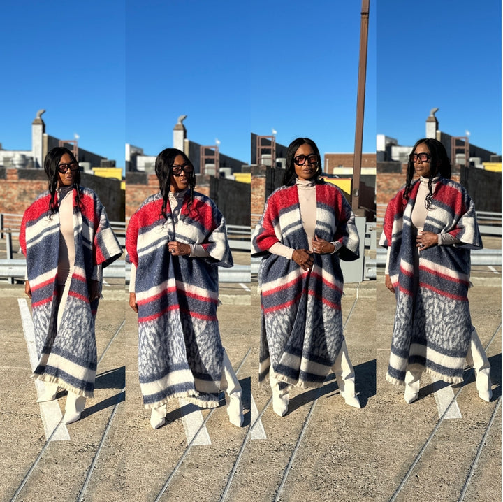 Rich Auntie Winter Open Front Long Kimono Coat - Navy Cream Red Blend Ships 10/30