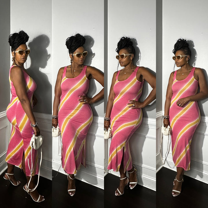Summer Nights Side Split Midi Dress- Cranberry and Mustard Blend