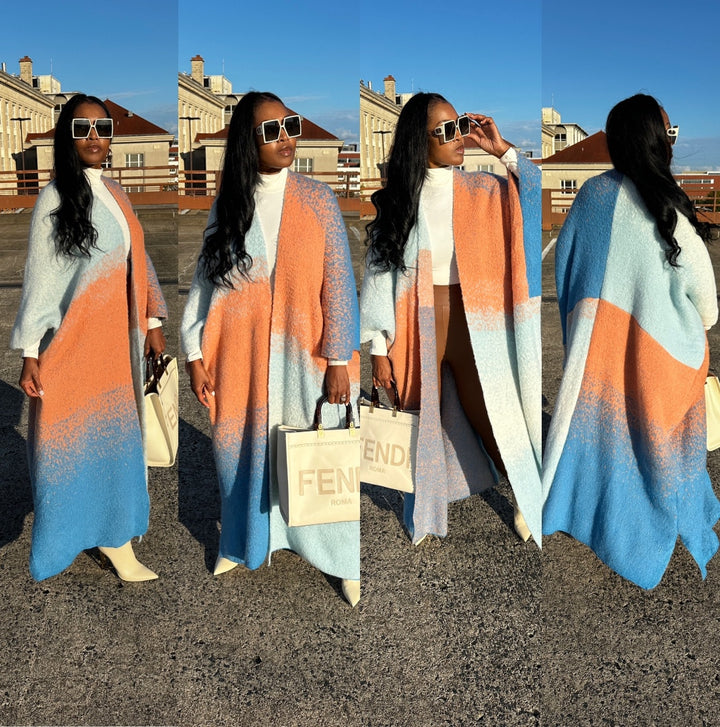 Ombre Open Front Long Cardigan Coat Blue Light Blue Cream Dark Peach Blend Ships 1/3