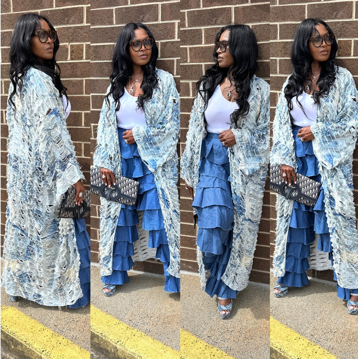 Denim Distressed Cut Out  Open Front Long Cardigan -Acid Wash Light Blue Jean Denim Ships 10/17