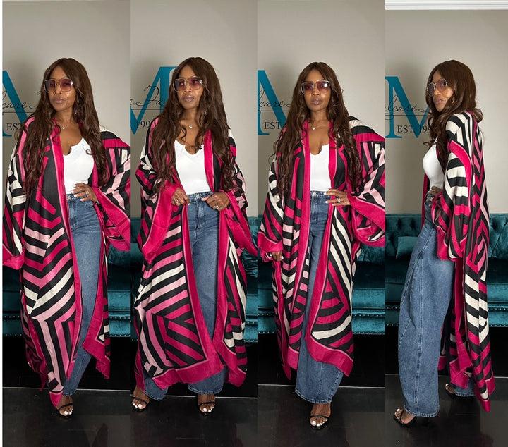 Reno Open Front Kimono Long Kimono - Hot Pink Soft Pink Black Blend