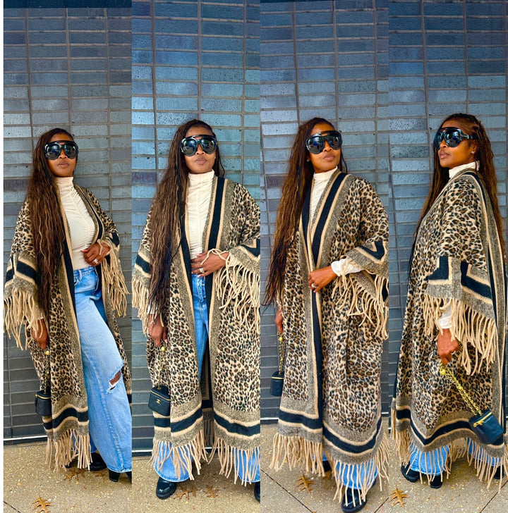 Rich Auntie Winter Fashion Tan Leopard Fringe Kimono Coat - Tan and Black Blend Ships 12/5