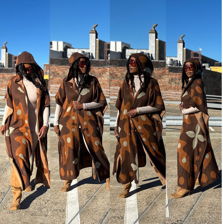 NEW Sedona Hooded Winter Open Front Poncho Printed Coat -  Chocolate Tan  Blend
