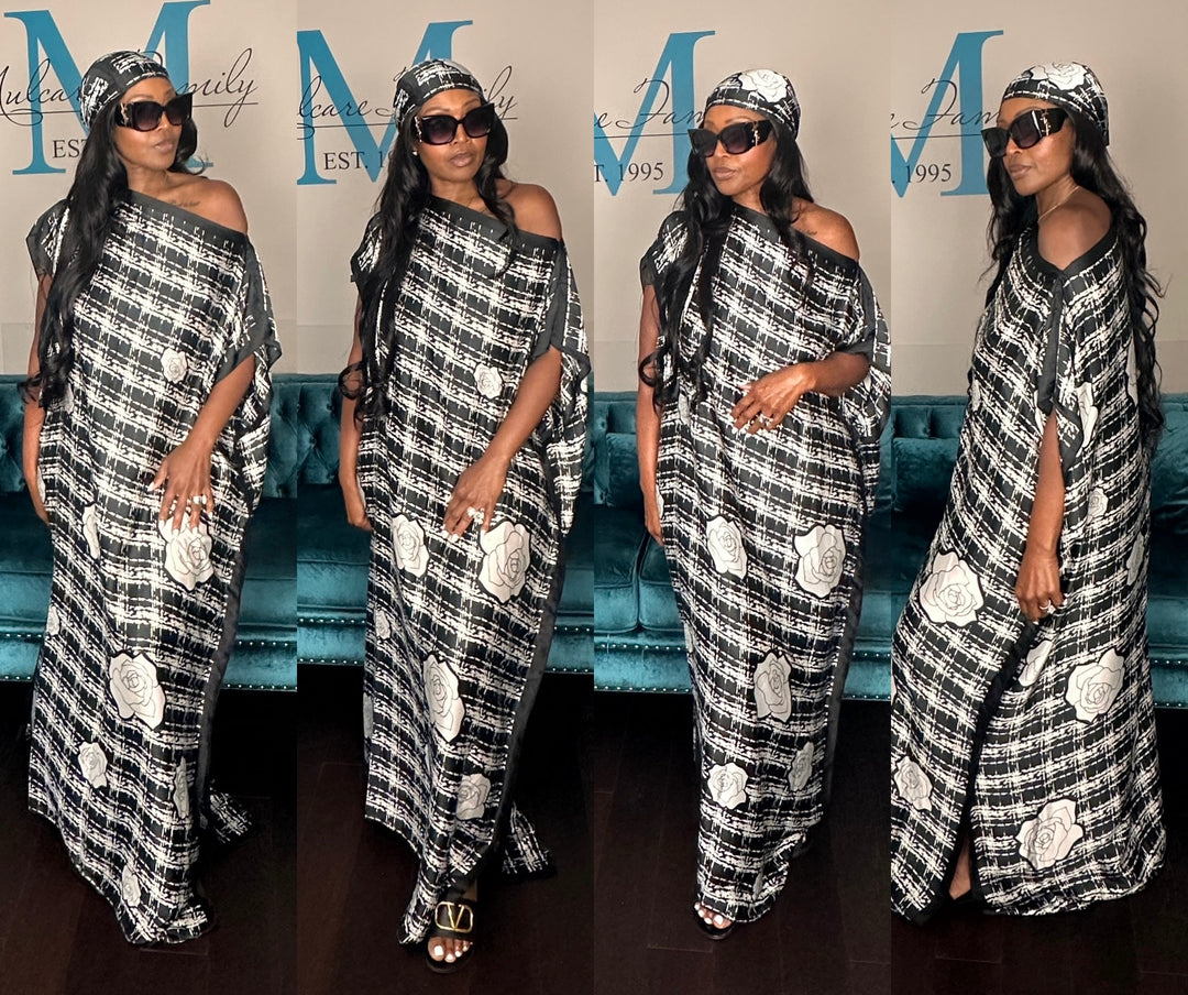 Classy & Fabulous Kaftan w/Matching Scarf  -Black & White camellia Print (Copy)