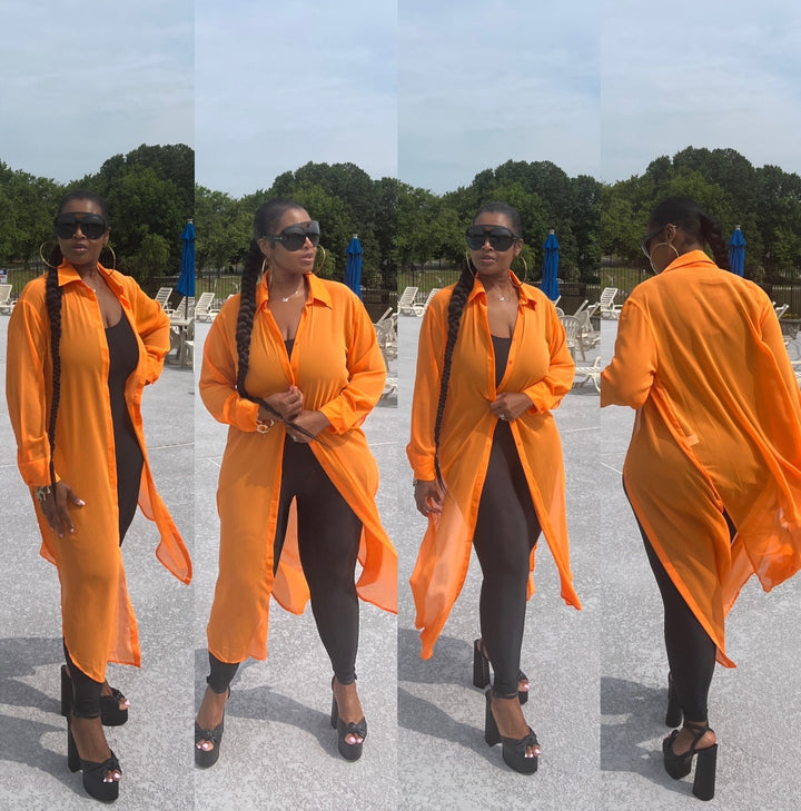 Sheer Button Front Long Shirt Dress -Orange