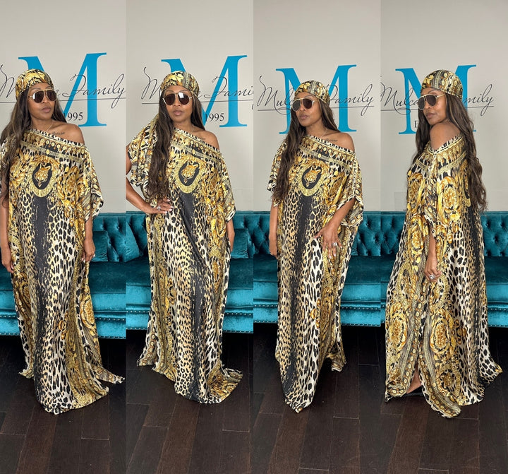 Vacation Vibes Kaftan Maxi Dress with Matching Scarf  -  Gold Black Leopard Ships 6/19