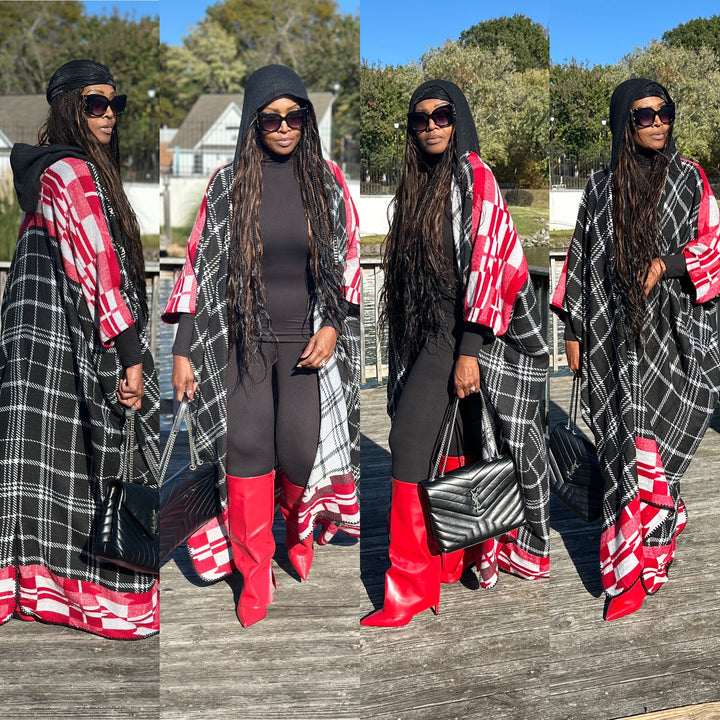 NEW Rich Auntie Winter Open Front Long Kimono - Plaid Black Red White Blend Ships 11/4