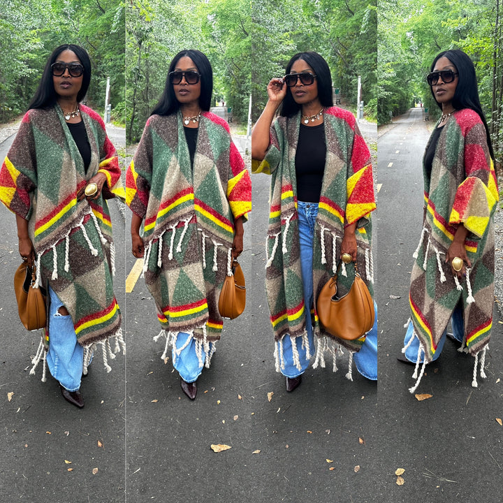Marley Open Front Long Kimono Cardigan Coat  - Emerald Green, Brown, Yellow Red Blend