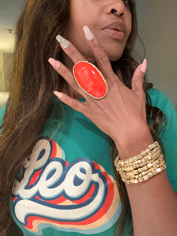 Oversized Bold Oyster Stone Accent Stretch Ring - Red Orange