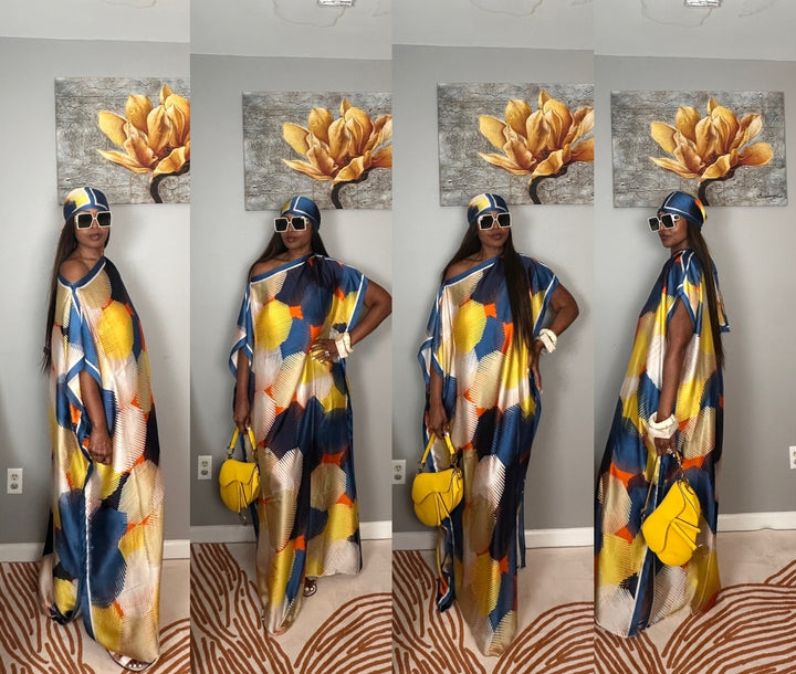 Vacation Vibes Kaftan Maxi Dress with Matching Scarf  -  Royal Blue Cream Yellow Orange Blend Ships 6/10