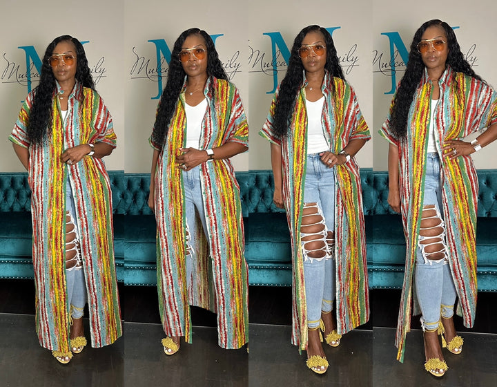 Multicolor Stripe Button Front Shirt Dress - Yellow turquoise Red blend