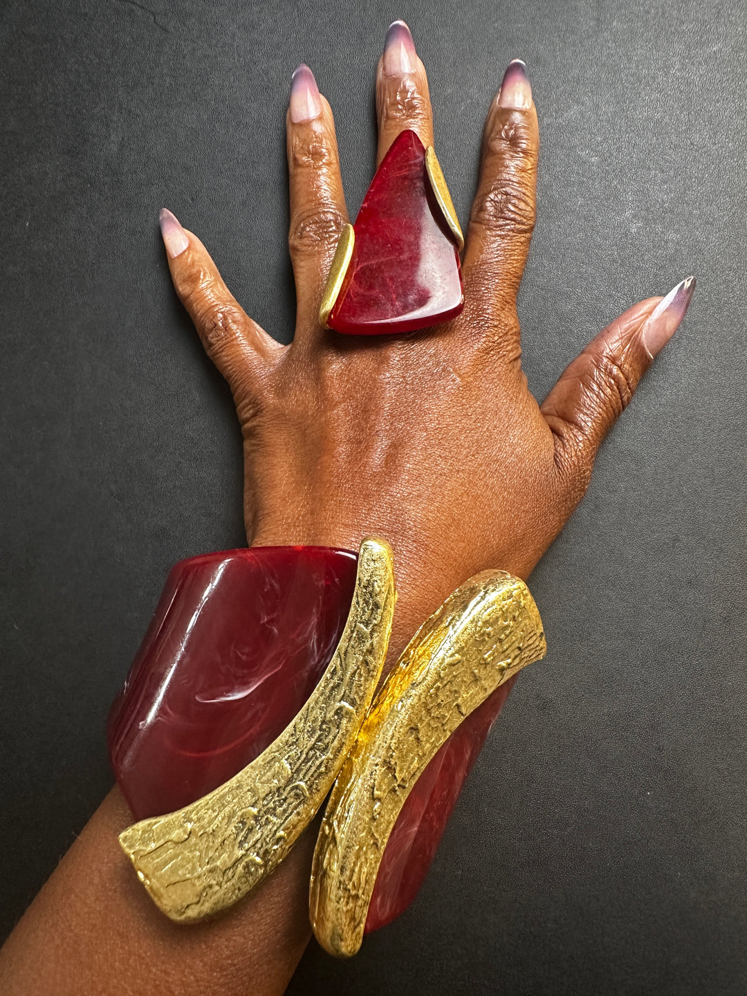 Wide Bold Sculpted Hinged Bangle Bracelet -  Burgundy