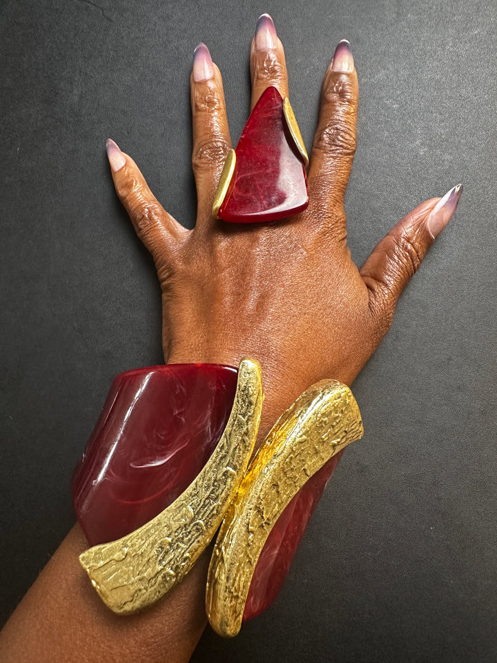 Wide Bold Sculpted Hinged Bangle Bracelet -  Burgundy