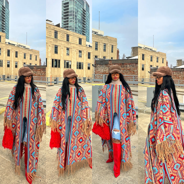 Rich Auntie Winter Fashion Split Kimono - Tan Turquoise Red Blend Ships 1/30