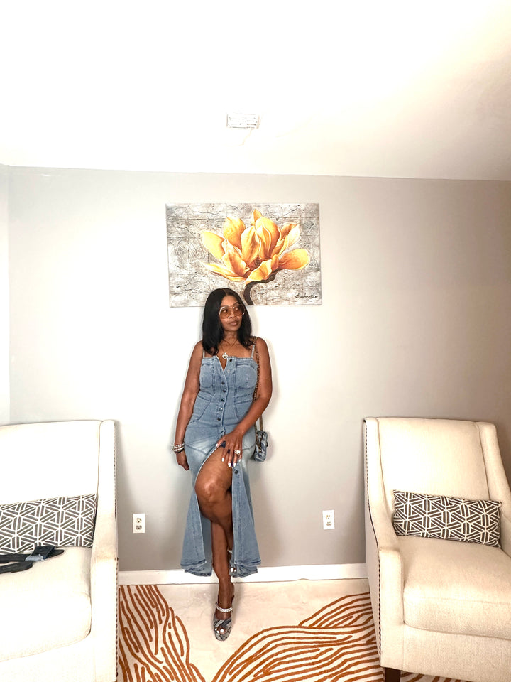 It’s Summertime Fine Super Stretchy Button Front Denim Mermaid Maxi Dress -