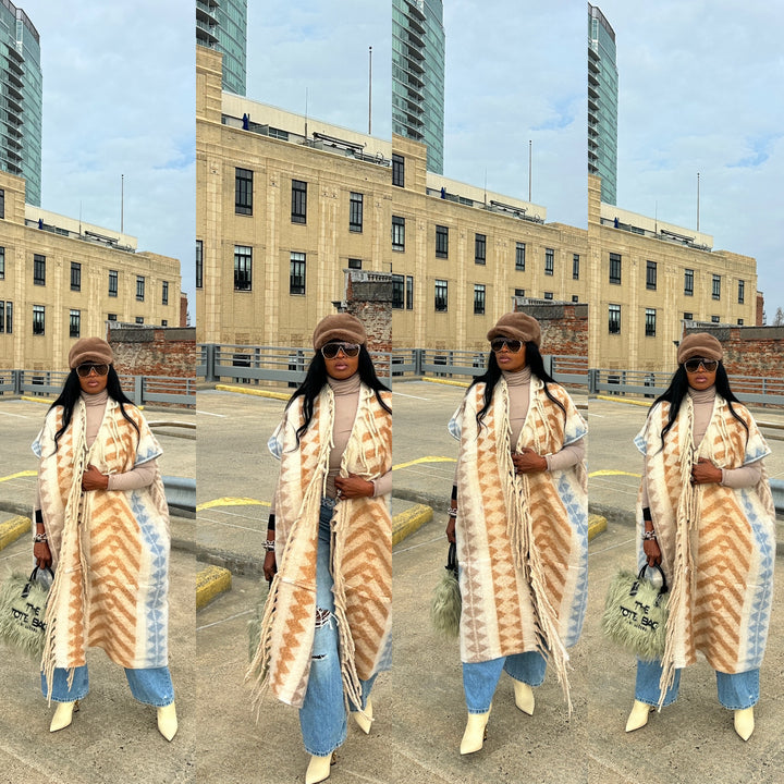 Rich Auntie Mixed Print Winter Open Front Corded Kimono -Cream Tan Light Blue Blend Ships 1/30