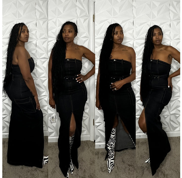 NEW Black Denim Cargo dress with belt and front split