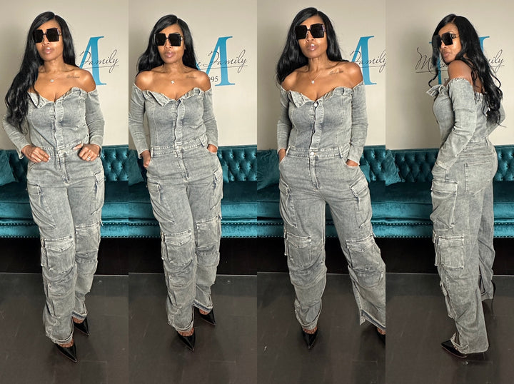 Denim Off The Shoulder Zipper Cargo Jumpsuit