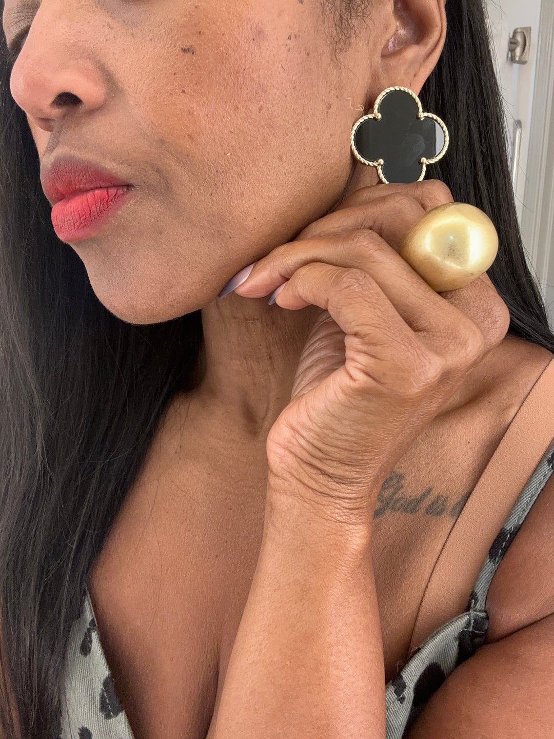 Faux Real Oversized Floral Earrings- Black