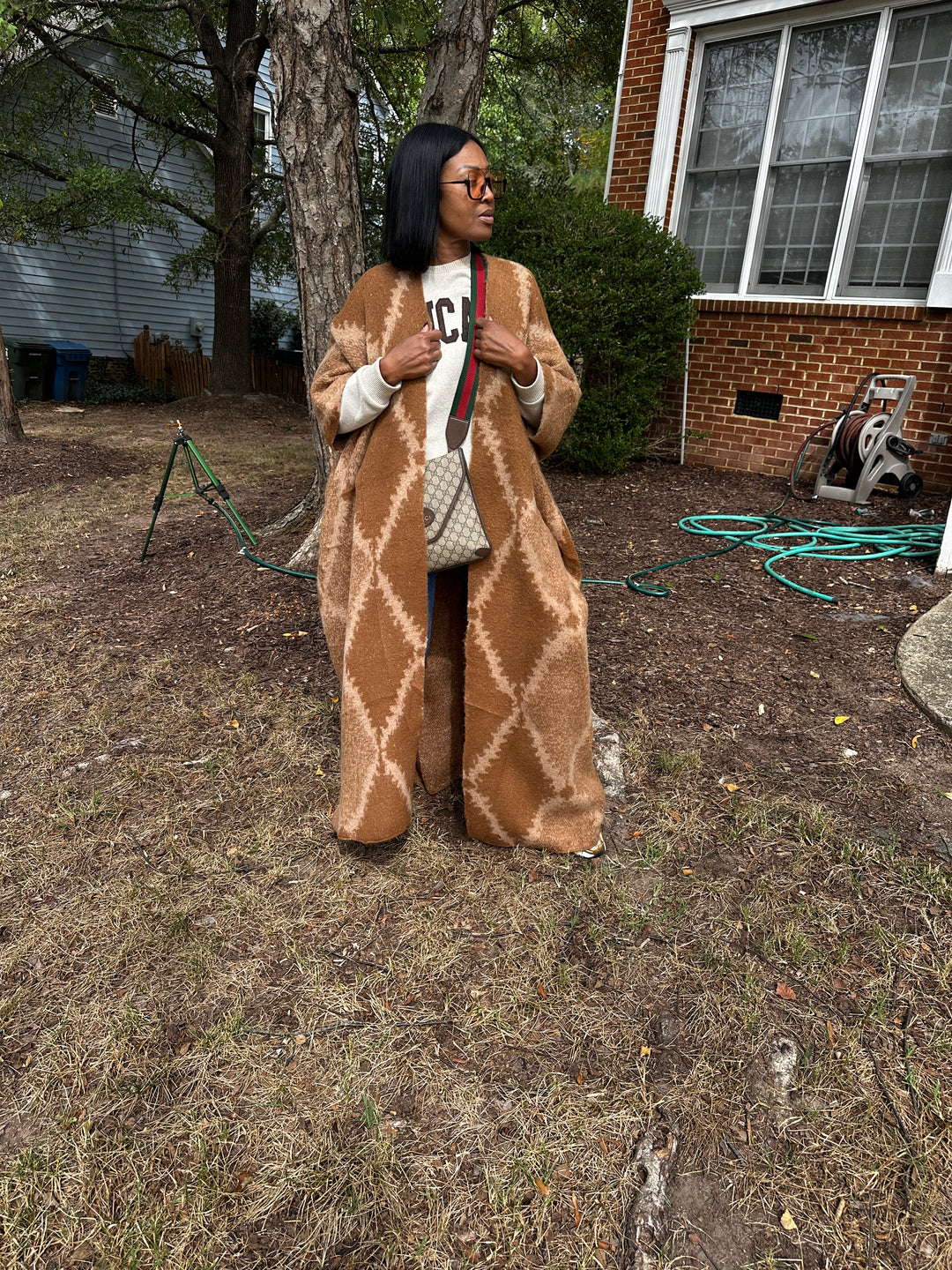 Diamond Print Caramel and Chocolate Open Front Long Cardigan Coat