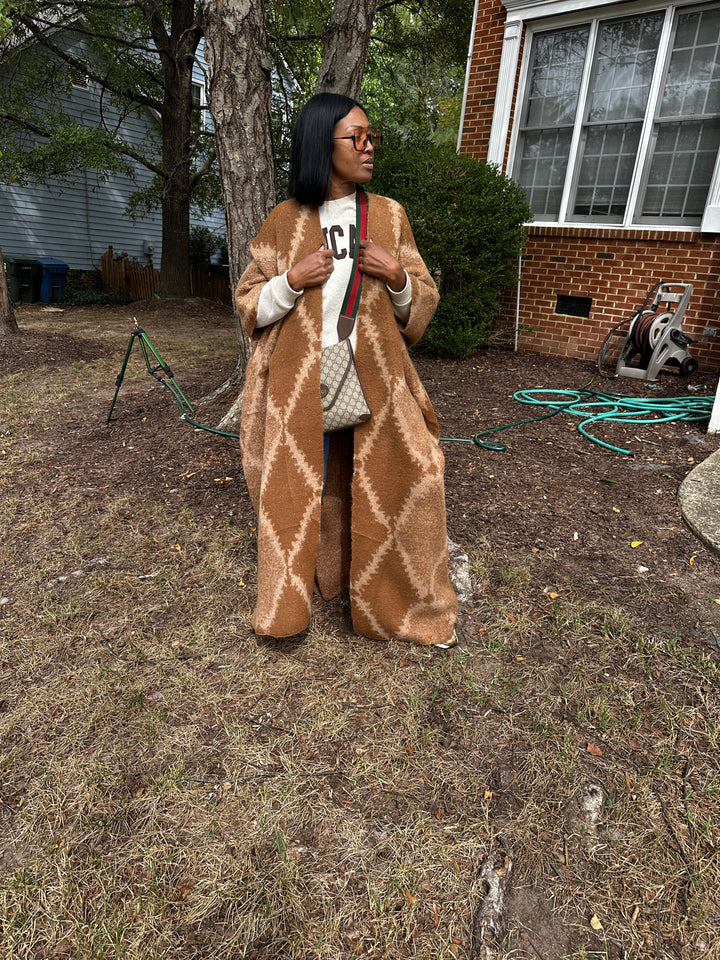 Diamond Print Caramel and Chocolate Open Front Long Cardigan Coat