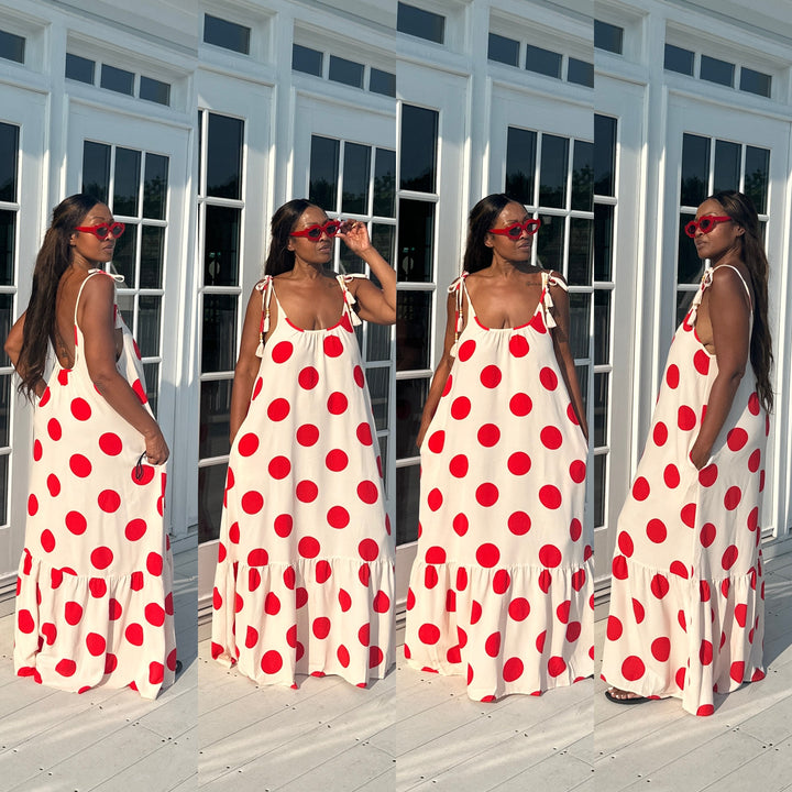 Divas in Red Cream Polka Dot  Low Back Maxi Dress with Pockets