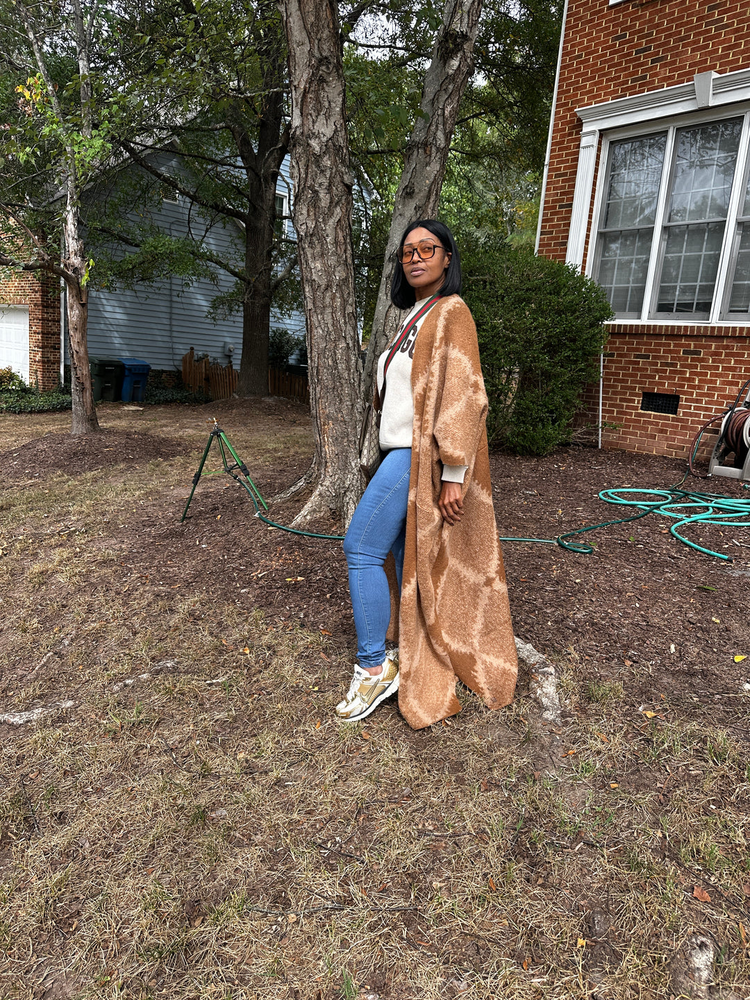 Diamond Print Caramel and Chocolate Open Front Long Cardigan Coat