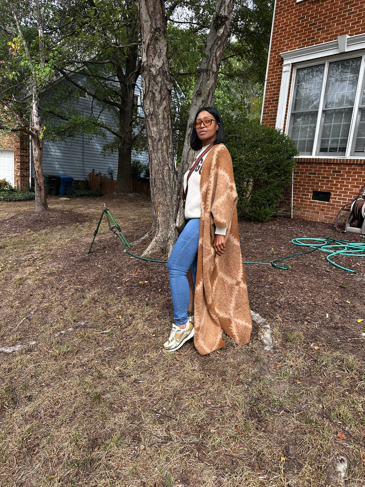 Diamond Print Caramel and Chocolate Open Front Long Cardigan Coat