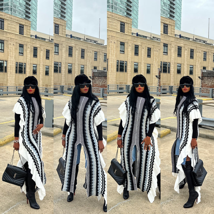 Rich Auntie Winter Chevron Ruffle Stripe Split Kimono - Black White Grey Blend Ships 1/30