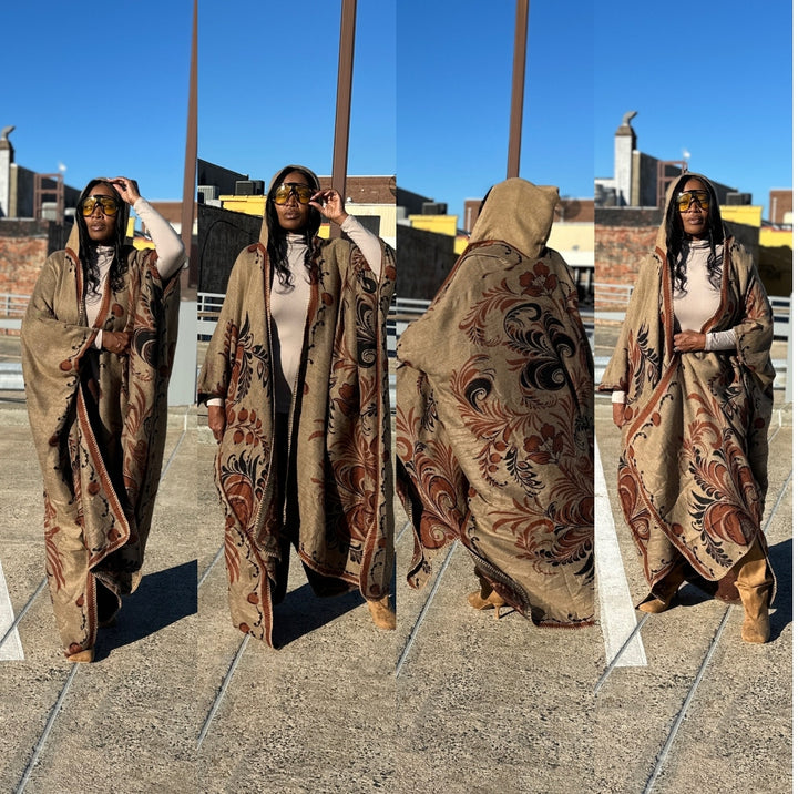 NEW Hooded Winter Open Front Poncho Coat -  Chocolate Tan Black Blend Ships 10/30