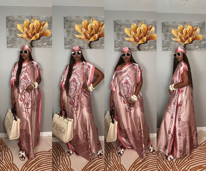 Vacation Vibes Kaftan Maxi Dress with Matching Scarf  -  Pink Green Cream Blend