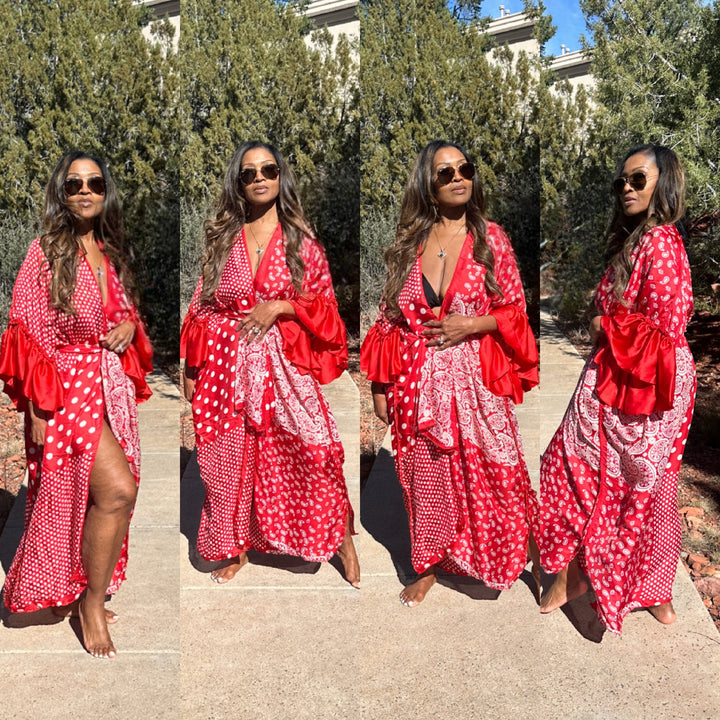 Bali Satin Open Front Kimono Long Kimono with matching scarf - Red and White Blend Ships 3/20