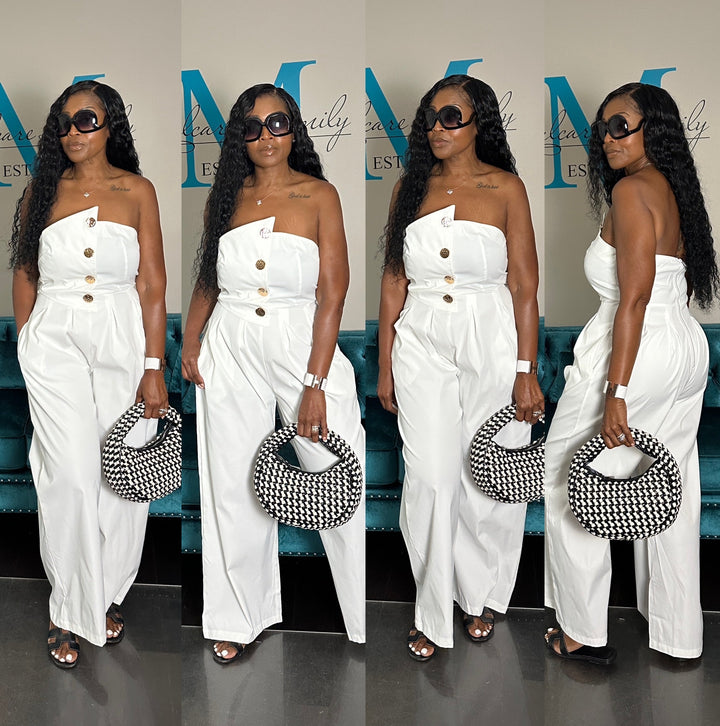 Stretch Twill Strapless Gold Button White Jumpsuit