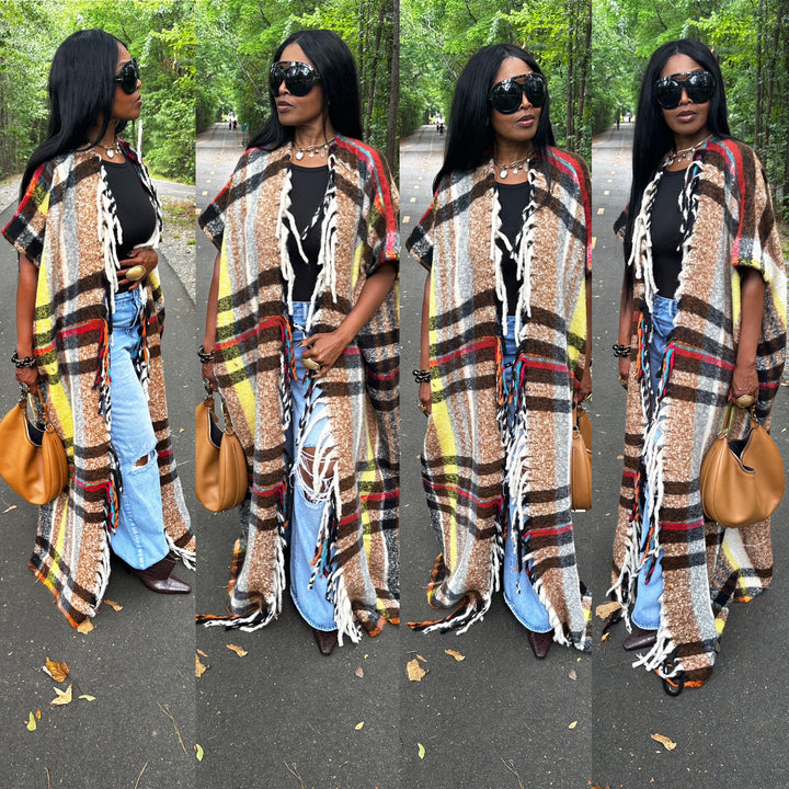 Winter Open Front Long Chocolate Plaid Vest - Chocolate Yellow Red Black
