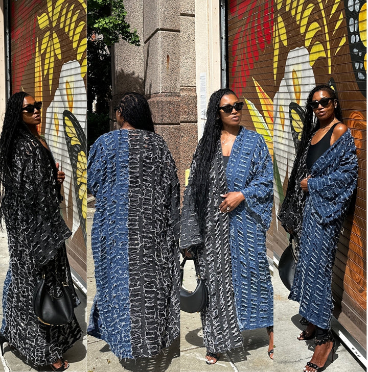Duo Denim Distressed Cut Out  Open Front Long Cardigan -Black Denim Blue Denim Combo Ships 5/20