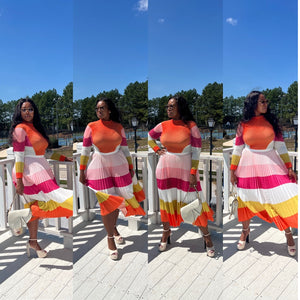 Classy and Fabulous  2 pc long sleeve pleated A line skirt set - Pink Orange Blend