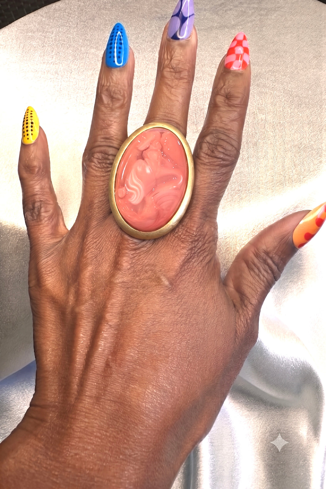 Oversized Bold Oval Long Stone Accent Stretch Ring - Pink
