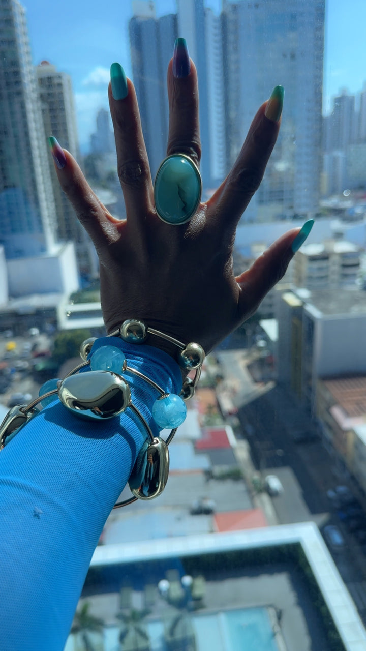 Oversized Bold Oval Long Stone Accent Stretch Ring - Turquoise