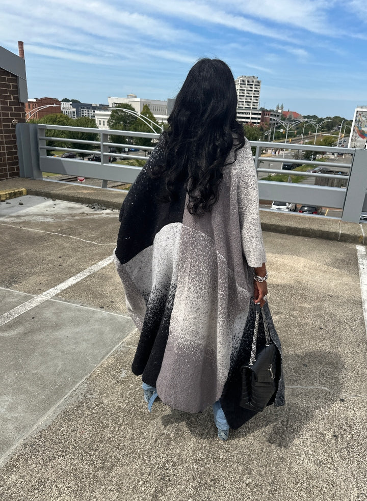 Ombre Open Front Long Cardigan Coat Black Grey White Blend Ships 10/10