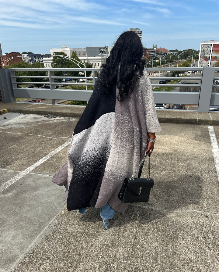 Ombre Open Front Long Cardigan Coat Black Grey White Blend Ships 10/10