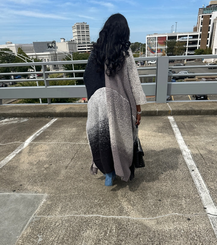 Ombre Open Front Long Cardigan Coat Black Grey White Blend Ships 10/10