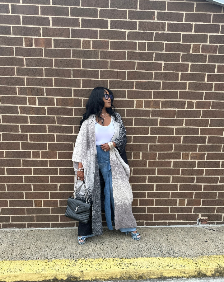 Ombre Open Front Long Cardigan Coat Black Grey White Blend Ships 10/10