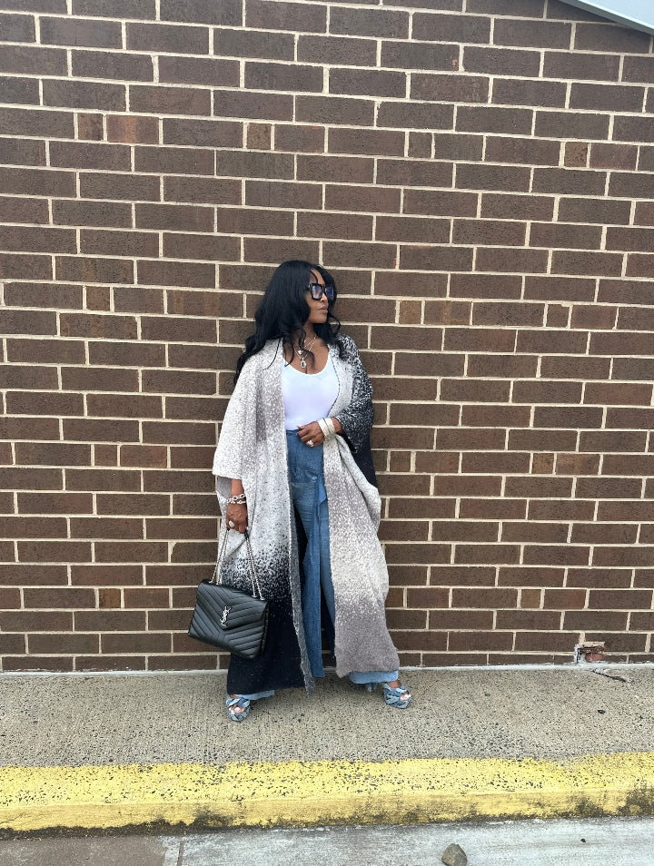 Ombre Open Front Long Cardigan Coat Black Grey White Blend Ships 10/10