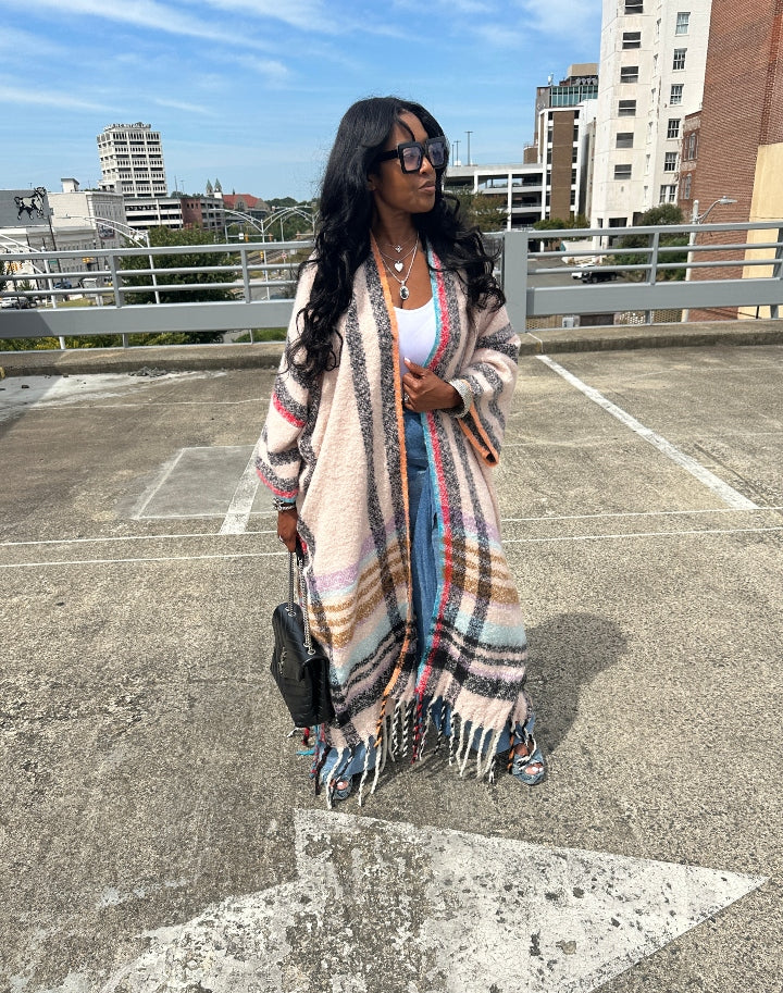 Rich Auntie Winter Open Front Long Kimono - Soft Pink Turquoise Plaid Blend Ships 10/10