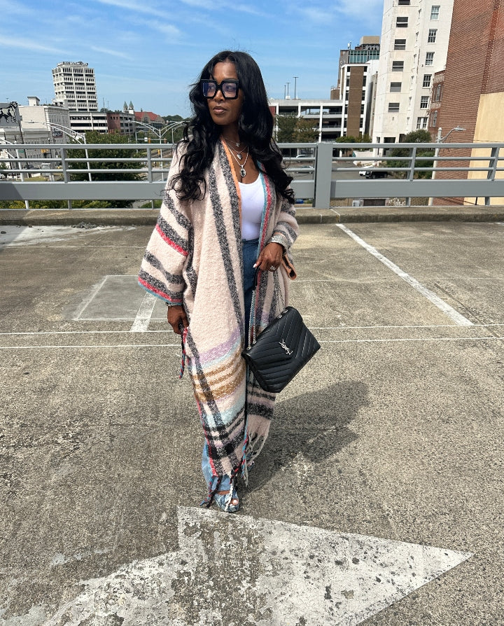 Rich Auntie Winter Open Front Long Kimono - Soft Pink Turquoise Plaid Blend Ships 10/10