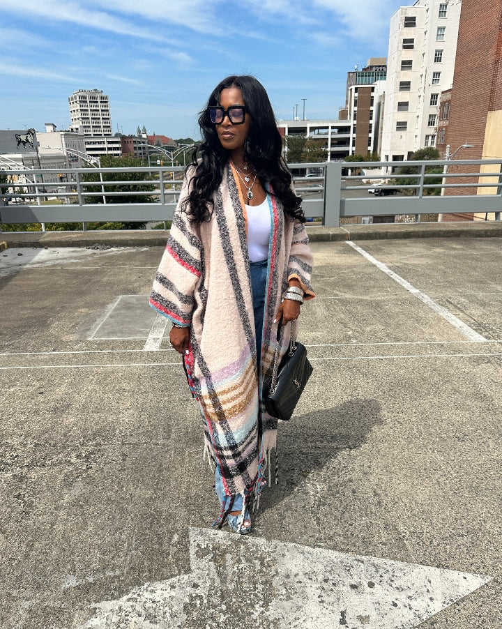 Rich Auntie Winter Open Front Long Kimono - Soft Pink Turquoise Plaid Blend Ships 10/10