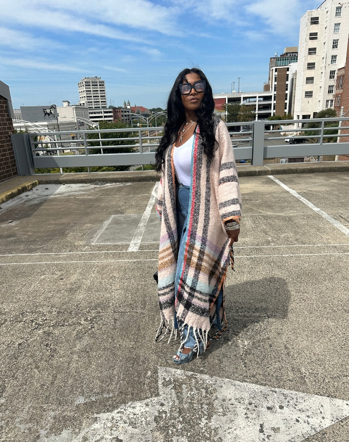 Rich Auntie Winter Open Front Long Kimono - Soft Pink Turquoise Plaid Blend Ships 10/10