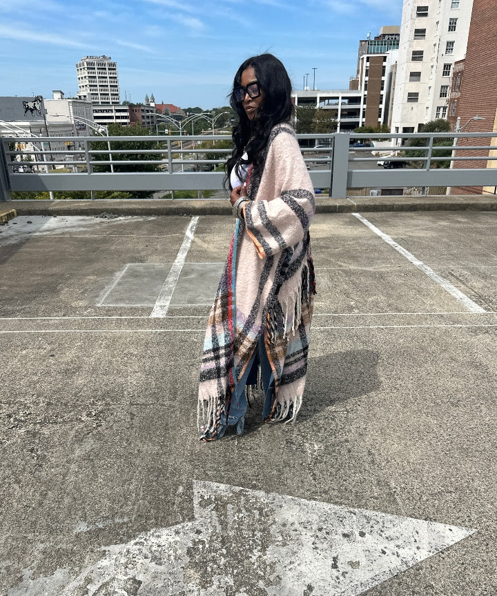 Rich Auntie Winter Open Front Long Kimono - Soft Pink Turquoise Plaid Blend Ships 10/10